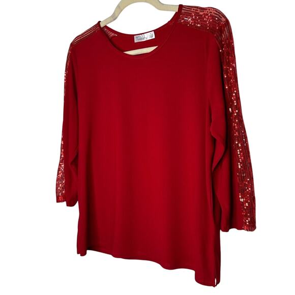 89th + Madison Deep Red Round Neck 3/4 Sequin Sleeve Pullover Blouse Petit L - Picture 1 of 13